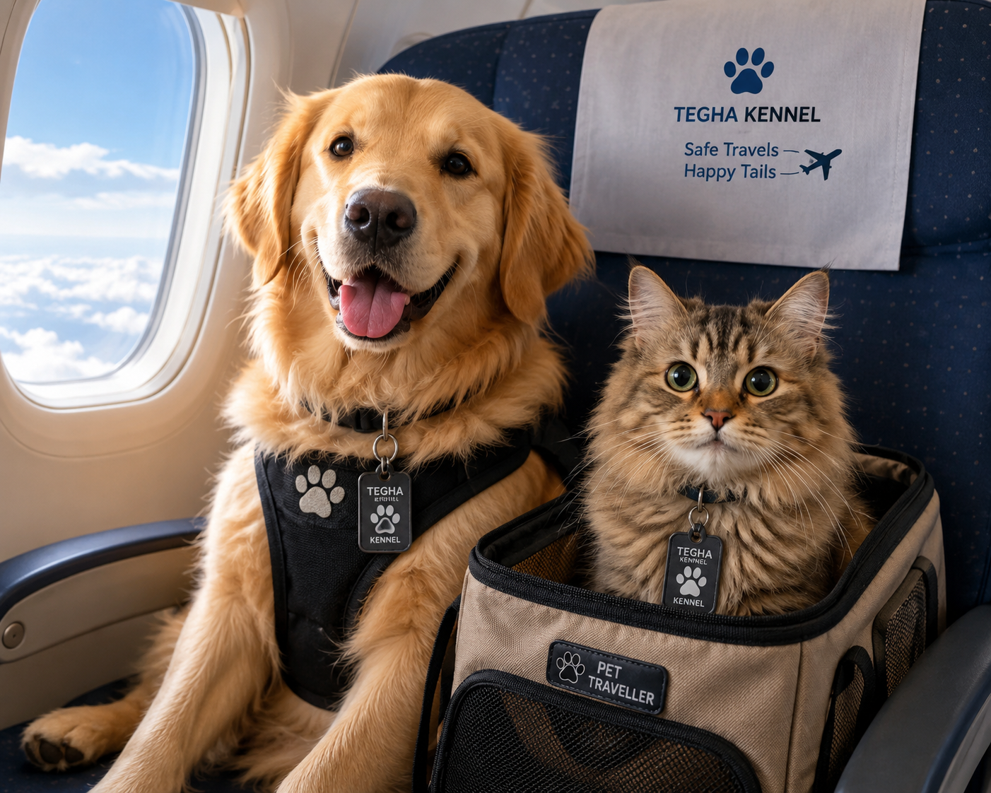 dogs and cat travelling safely inside an airplane cabin with Tegha Kennel pet relocation, showcasing comfortable in-cabin pet travel and international pet shipping services.
