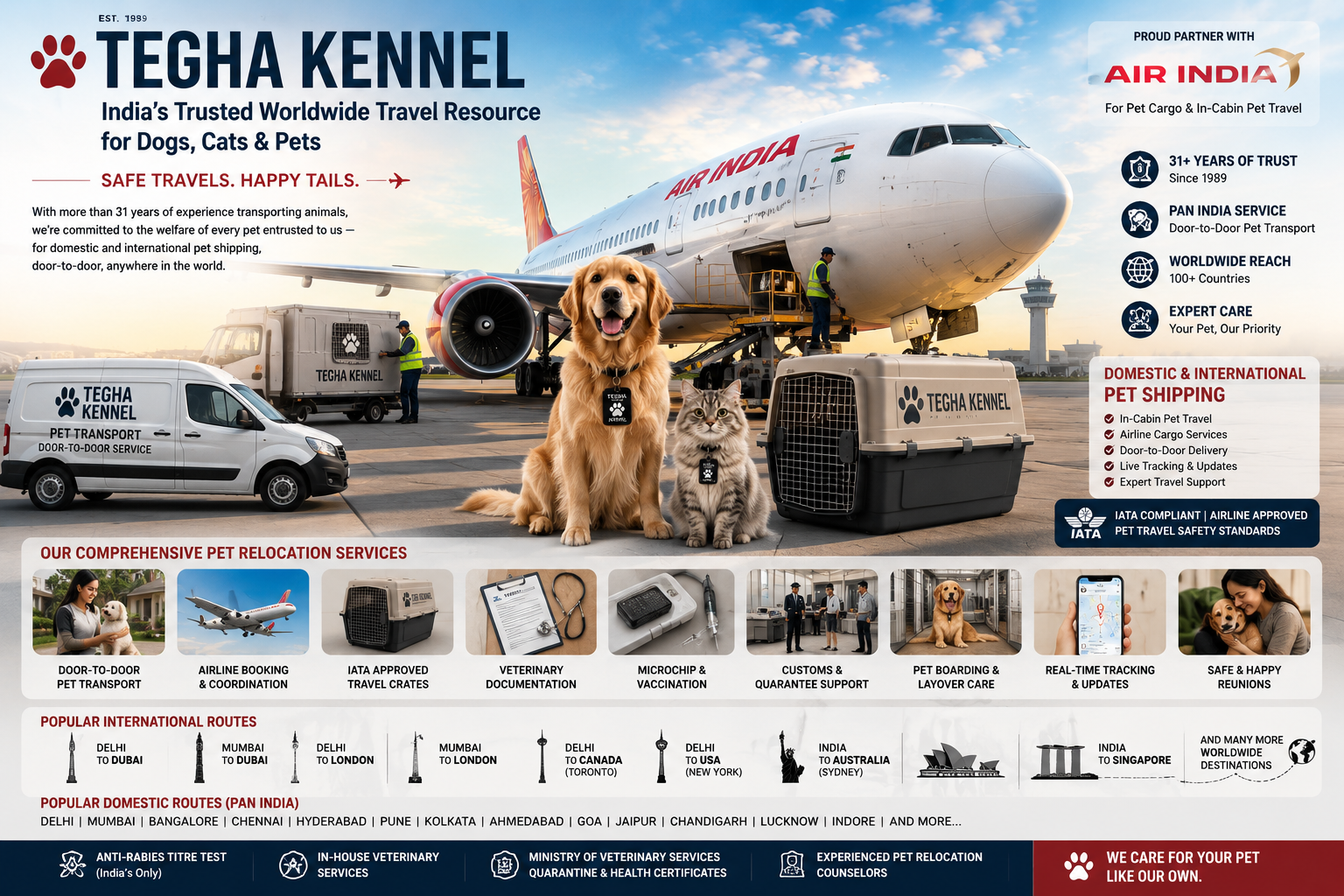 Wide banner of Tegha Kennel's international pet shipping services featuring an airplane, airport, pet transport vehicle, Golden Retriever, cat, IATA travel crate, and worldwide pet relocation from India.