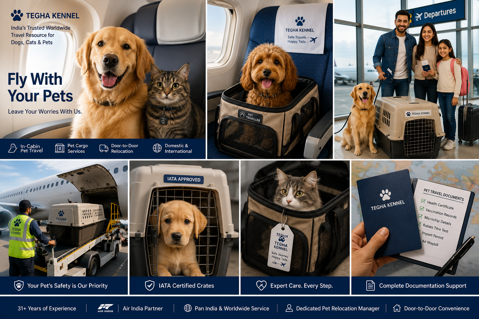 Collage showcasing Tegha Kennel's domestic and international pet relocation services, featuring dogs and cats travelling by airplane, pet cargo handling, in-cabin pet travel, IATA-approved travel crates, airport assistance, and worldwide pet shipping from India.