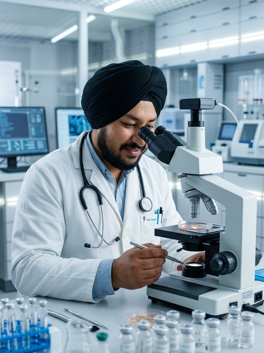 Dr. Harshdeep Tegha in a white lab coat and black turban inside a high-tech modern laboratory, analyzing samples under a microscope for dog and cat international relocation travel testing.